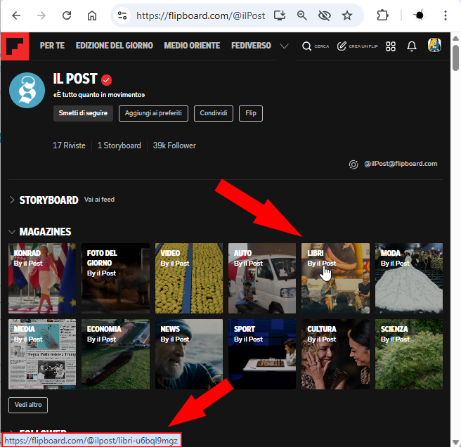 La pagina Flipboard de Il Post, con le diverse "sezioni"