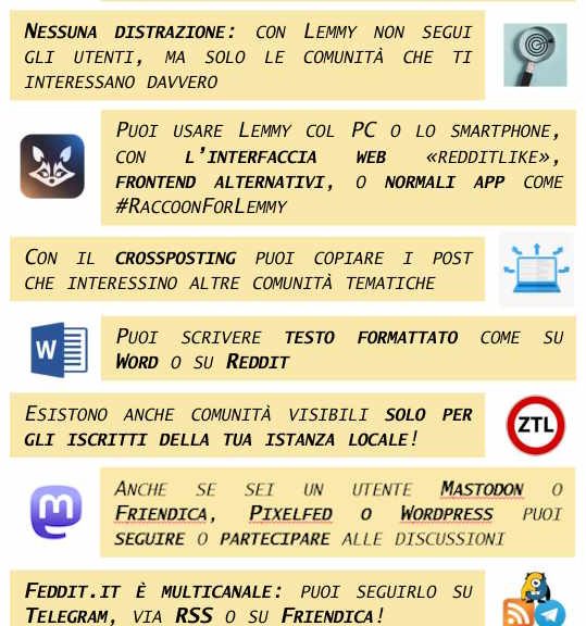 9 CONSIGLI PER USARE LEMMY (E FEDDIT.IT) Hai fino a 200 caratteri per il titolo: usali in modo saggio per scrivere un titolo interessante! Nessuna distrazione: con Lemmy non segui gli utenti, ma solo le comunità che ti interessano davvero Puoi usare Lemmy col PC o lo smartphone, con l’interfaccia web «redditlike», frontend alternativi, o normali app come #RaccoonForLemmy Con il crossposting puoi copiare i post che interessino altre comunità tematiche Puoi scrivere testo formattato come su Word o su Reddit Esistono anche comunità visibili solo per gli iscritti della tua istanza locale! Sei un utente Mastodon o Friendica o Pixelfed? Anche tu puoi seguire o partecipare alle discussioni su Lemmy Feddit.it è multicanale: puoi seguirlo su Telegram, via RSS o su Friendica! Supportare la tua istanza è incredibilmente facile: provaci!😅 vieni a trovarci su feddit.it
