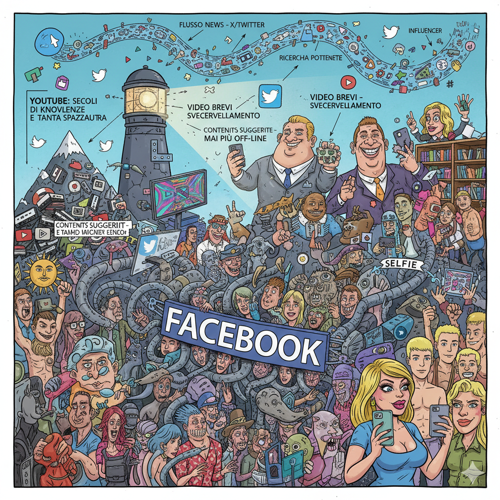 Immagine generata da Gemini con il seguente prompt:
Fammi un'immagine ironica di un social sullo stile dei disegni di Morvillo in cui ci sono:
la folla immensa di persone che sta su Facebook
il flusso ininterrotto di notizie che puoi trovare su X/Twitter
le potenti funzioni di ricerca presenti su X/Twitter
gli influencer presenti sui social
i video brevi utili a farsi spappolare il cervello
gli algoritmi che ti suggeriscono continuamente contenuti & utenti che ti tengono incollato alle piattaforme
i "secoli" di video caricati su Youtube con tutta la loro smisurata quantità di conoscenza (frammista beninteso anche a tanta spazzatura)
brutta gente con l'espressione minacciosa, cosplay di militari e ragazzi biondissimi che adorano il dio sole
belle donne che si fanno i selfie