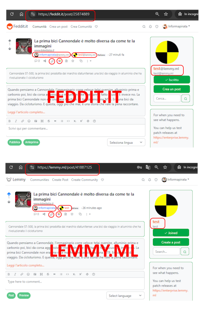 Gioco di specchi: stesso post ma su due server Lemmy diversi
