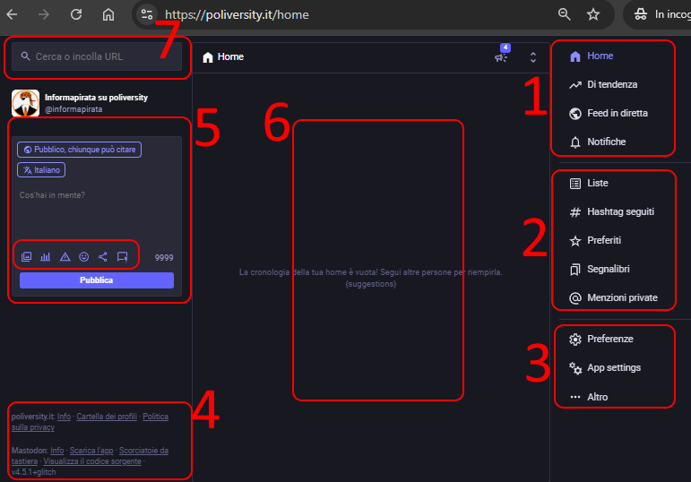 la schermata web di Mastodon divisa in 7 aree funzionali