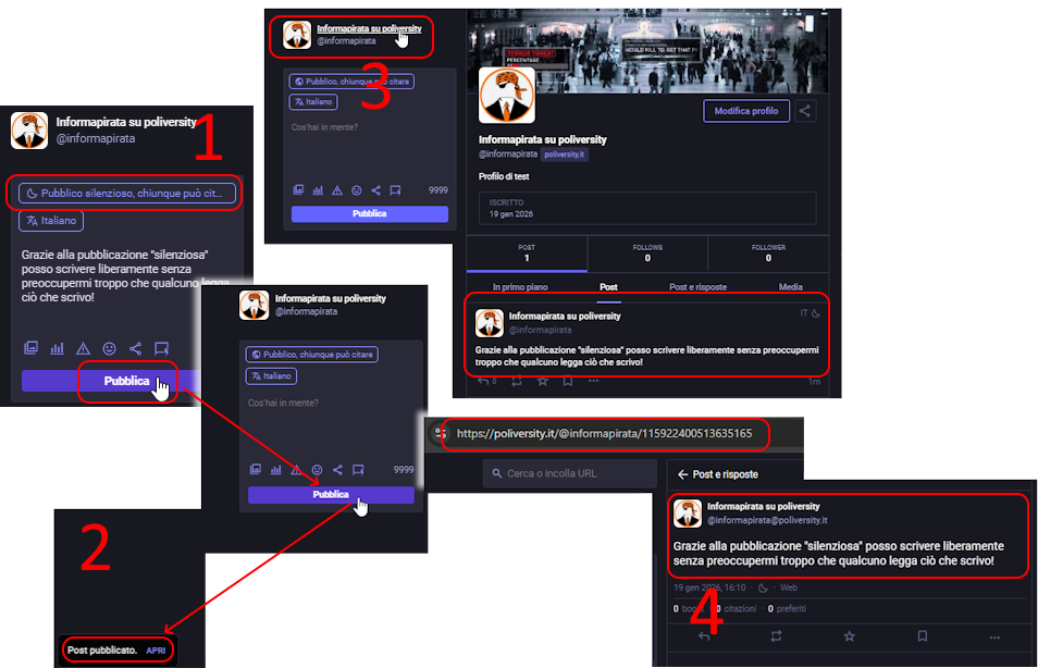 creare un messaggio di prova con visibilità "pubblica silenziosa"
