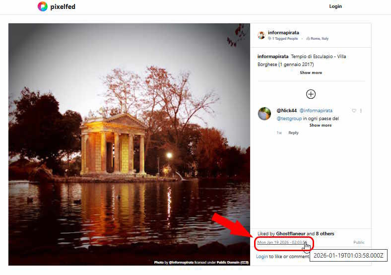 Un post Pixelfed: la data riposta il riferimento ipertestuale al link originale