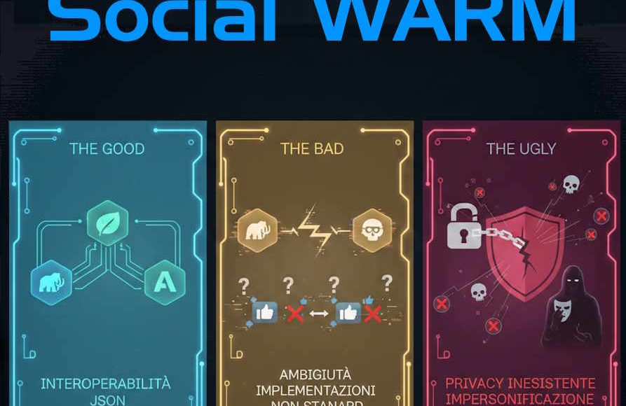 Il buono, il brutto e il cattivo dl Social WARM (da un'idea di Dominik Chrástecký: https://chrastecky.dev/technology/activity-pub-the-good-the-bad-and-the-ugly) Tre blocchi con la rappresentazione delle criticità di Activitypub