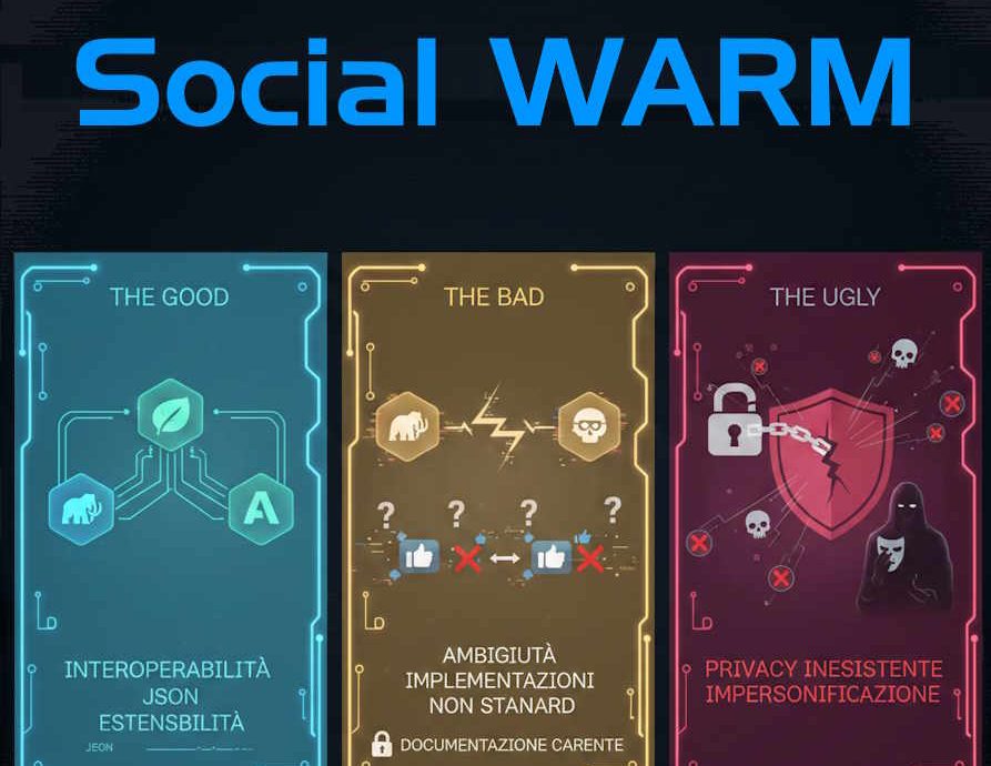 Il buono, il brutto e il cattivo dl Social WARM (da un'idea di Dominik Chrástecký: https://chrastecky.dev/technology/activity-pub-the-good-the-bad-and-the-ugly) Tre blocchi con la rappresentazione delle criticità di Activitypub