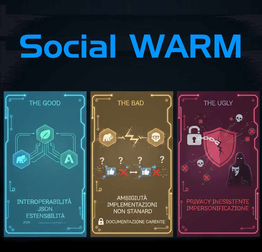 Il buono, il brutto e il cattivo dl Social WARM (da un'idea di Dominik Chrástecký: https://chrastecky.dev/technology/activity-pub-the-good-the-bad-and-the-ugly) Tre blocchi con la rappresentazione delle criticità di Activitypub