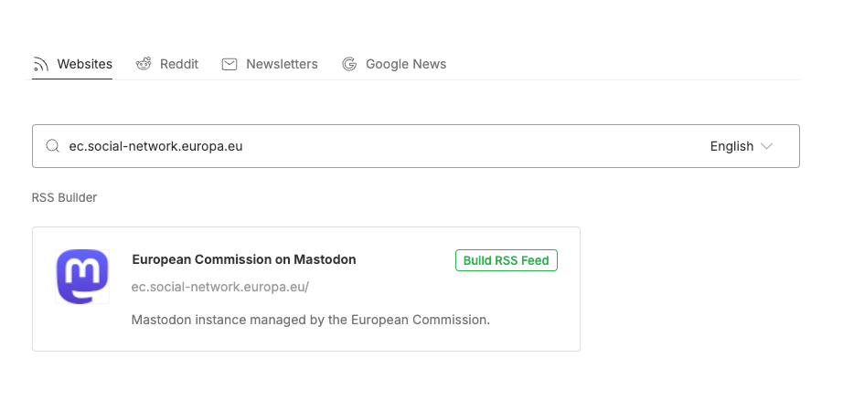 Uno screenshot del lettore RSS Feedly che mostra come l'URL dell'istanza della Commissione europea possa essere trasformato in un feed RSS dei loro post.
