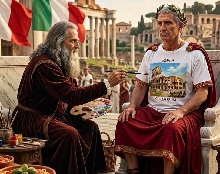 La rappresentazione della cultura che cimmeritiamo: un'immagine generata da Banana in cui Leonardo da Vinci dipinge il Colosseo sulla T-shirt di Giulio Cesare