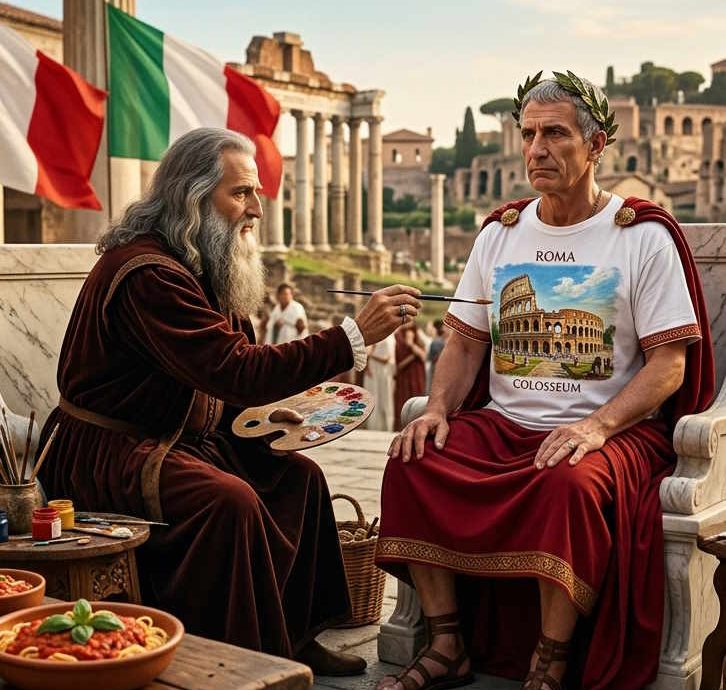 La rappresentazione della cultura che cimmeritiamo: un'immagine generata da Banana in cui Leonardo da Vinci dipinge il Colosseo sulla T-shirt di Giulio Cesare