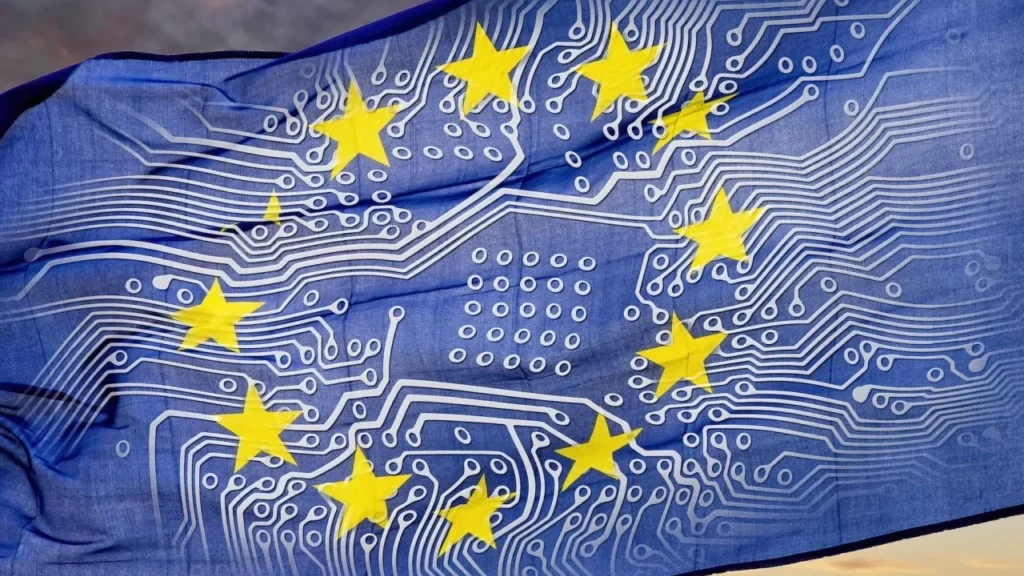 Le dodici stelle della bandiera europea su uno Stendardo blu che riporta il disegno di un circuito stampato