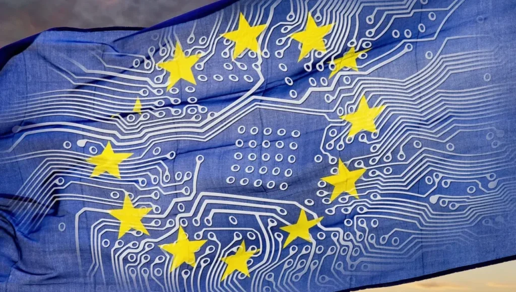 Le dodici stelle della bandiera europea su uno Stendardo blu che riporta il disegno di un circuito stampato