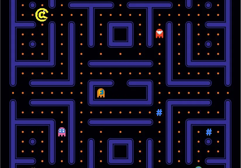 Una schermata pacman del fediverso in cui la chiocciola che simboleggia gli account bot di tags.pub, cerca di mangiarsi gli hashtag, ma dve vedersela con i software che gestiscono i gruppi Activitypub, come Friendica, Lemmy e NodeBB, e con Mastodon in quanto software più diffuso del Fediverso