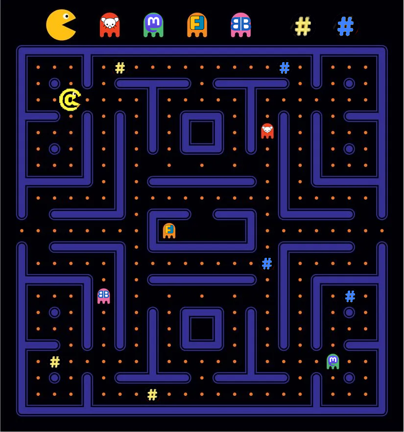 Una schermata pacman del fediverso in cui la chiocciola che simboleggia gli account bot di tags.pub, cerca di mangiarsi gli hashtag, ma dve vedersela con i software che gestiscono i gruppi Activitypub, come Friendica, Lemmy e NodeBB, e con Mastodon in quanto software più diffuso del Fediverso